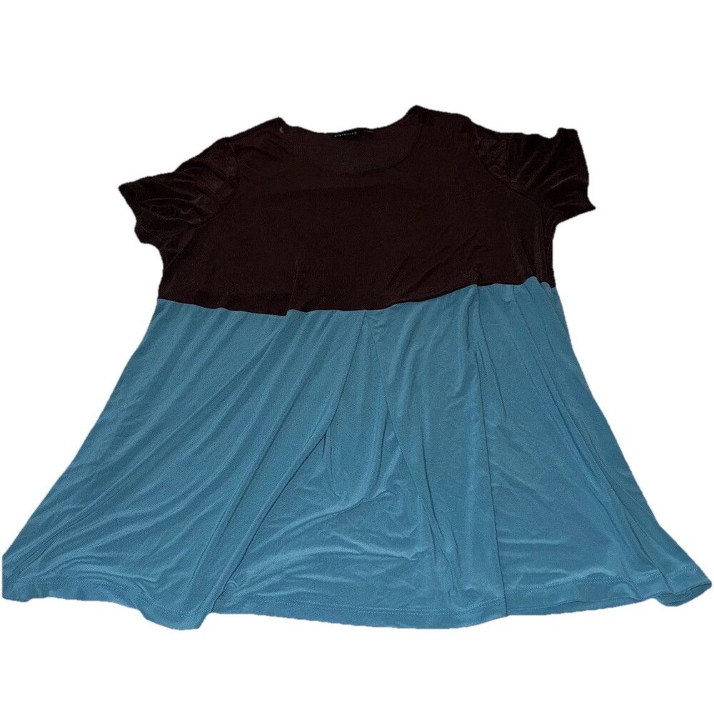 Citiknit 1X Short Sleeve Pullover Color Block Brown & Blue Design Stretch Blouse